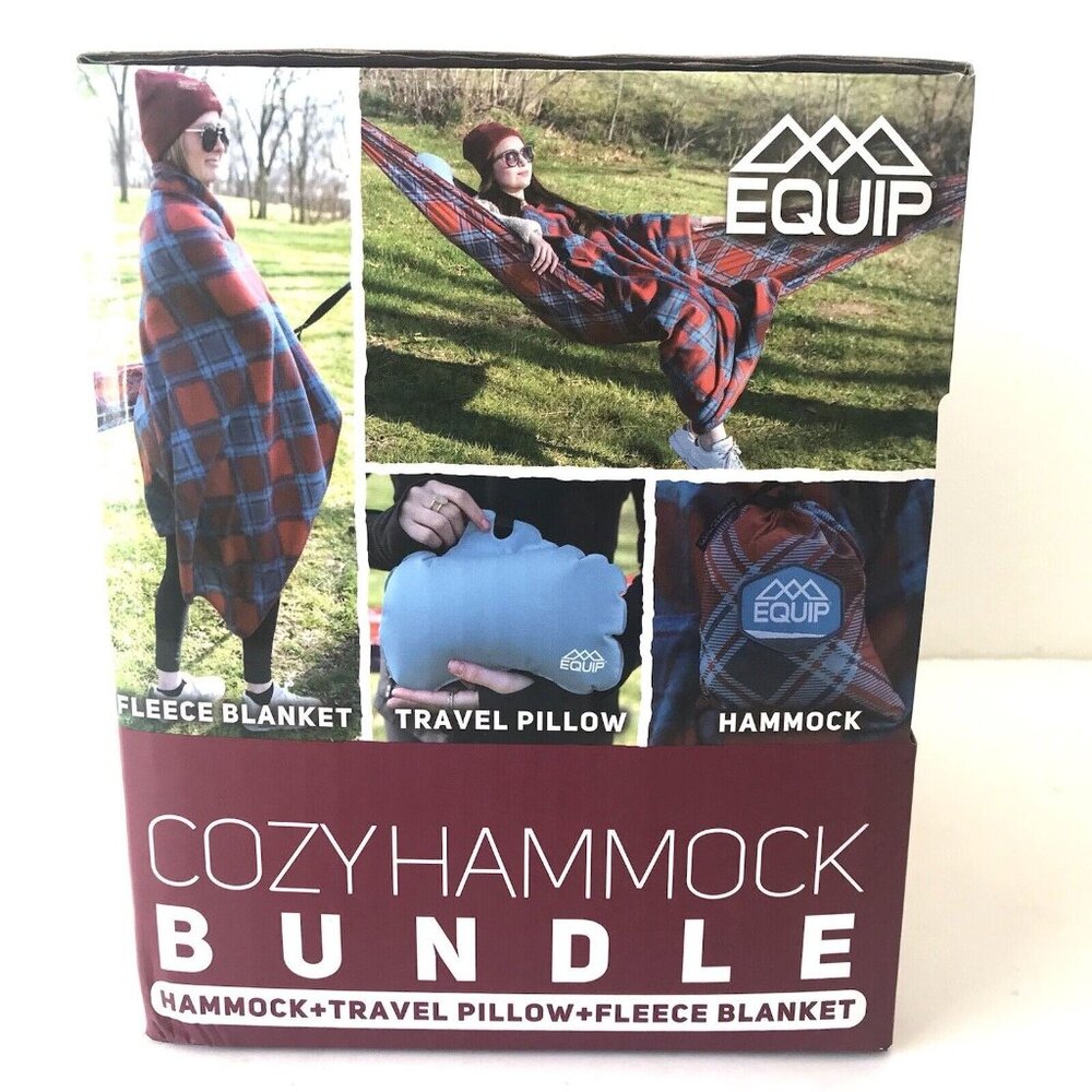 New Equip Cozy Hammock Bundle Travel Plaid Fleece Blanket 50x60" Pillow Multicol